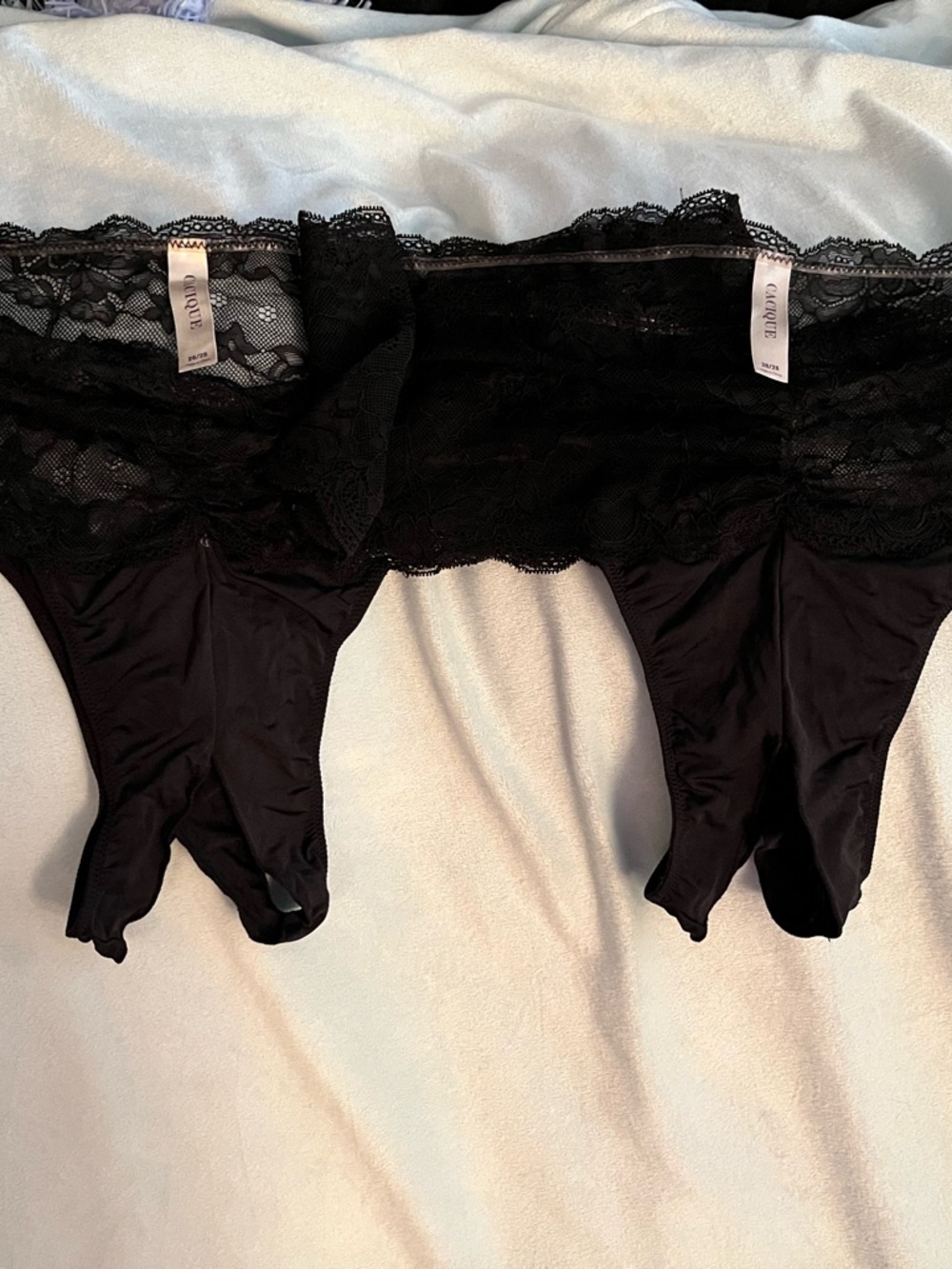 Cacique Black Lace crotchless thongs